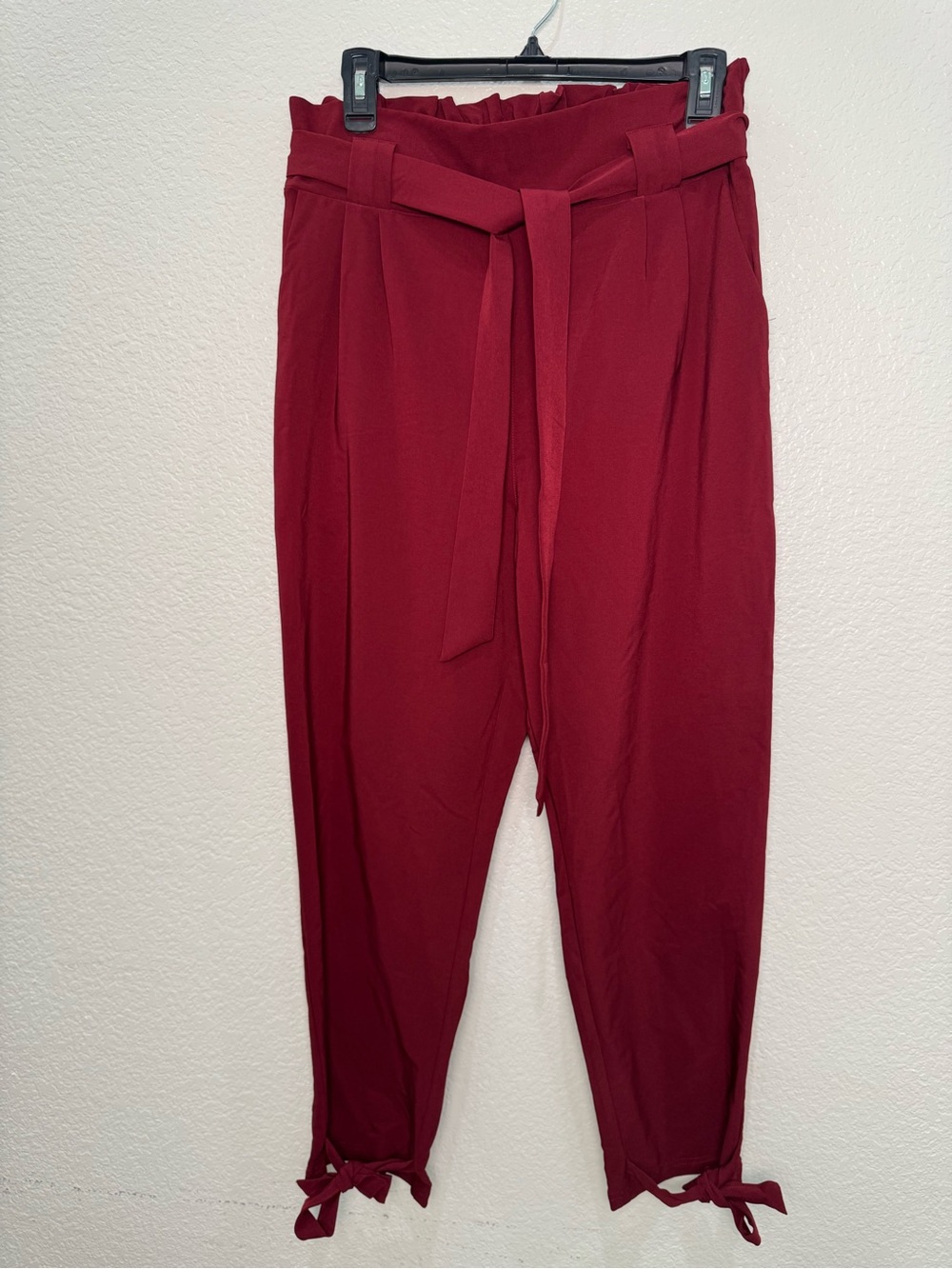 NWT Grace Karin Burgundy Paperbag Waist Pants Tie Ankle Tapered Trousers L